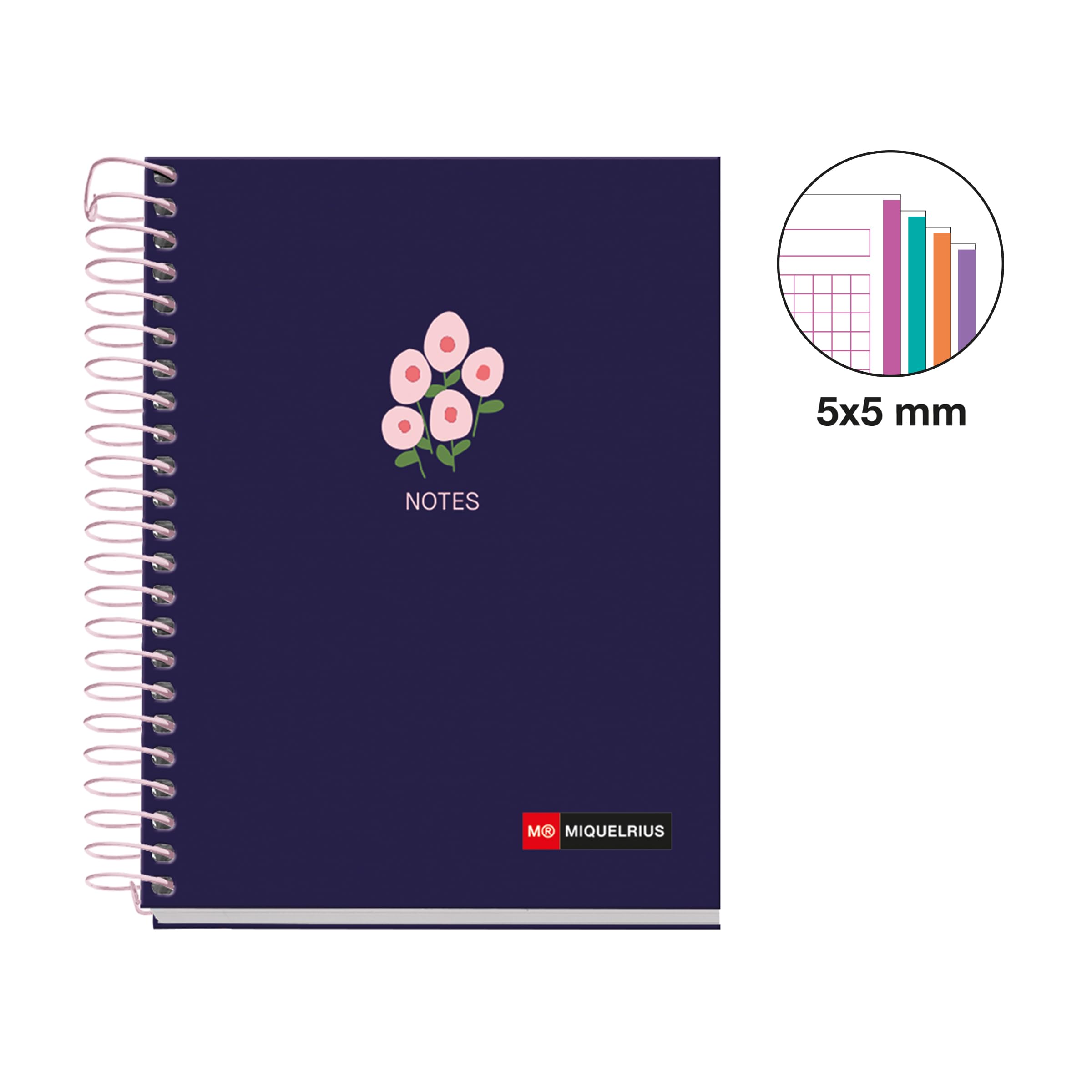 Miquelrius - Cahier A6 petits carreaux 5 mm, 120 feuilles microperforées 4 couleurs multi-matières, papier opaque 70 g/m², couverture carton extra rigide, spirale, Sans perforations, Spring - 2