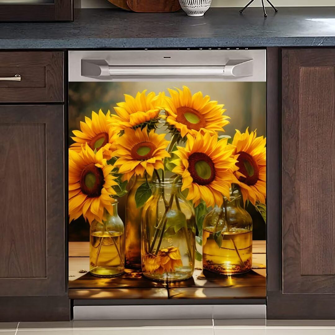 Generic Glass Bottle Flower Art Dishwasher Magnet Cover Kitchen Decor, Farmhouse Sunflower Fridge Magnet Decals Sheet, Magnetic Dishwasher Panel Decal, 23" x 26" Magnetic