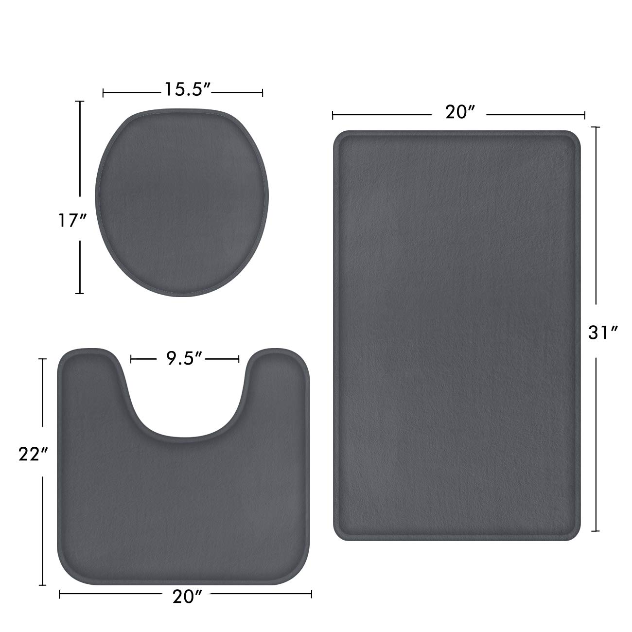 Juego de 3 alfombrillas de baño de espuma viscoelástica, alfombrillas antideslizantes y absorbentes, 20 x 31 pulgadas, alfombra de contorno en forma de U de 20 x 22 pulgadas, cubierta de tapa de inodoro para bañera, ducha y baño, color gris 6