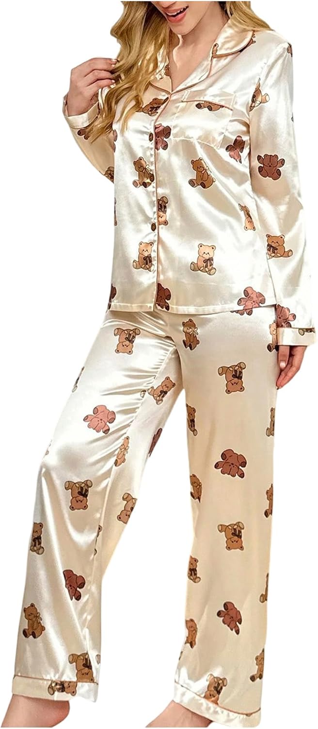 SweatyRocks Women's Silk Stain 2 Piece Pajama Set Bear Print Long Sleeve Button Down Loungewear and Pants Pj Sets Sleepwear