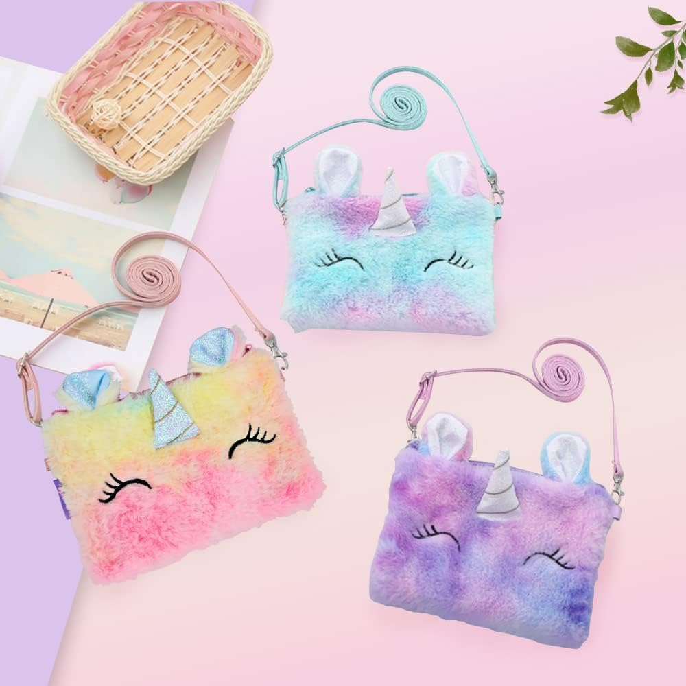 Peluche Bolso Bandolera, Regalos de Unicornio Joyas Set Accesorios con Clips de Pelo de Unicornio Arcoiris Collar Pulsera Anillo Pendiente para Niñas Vestirse y Juego de Roles