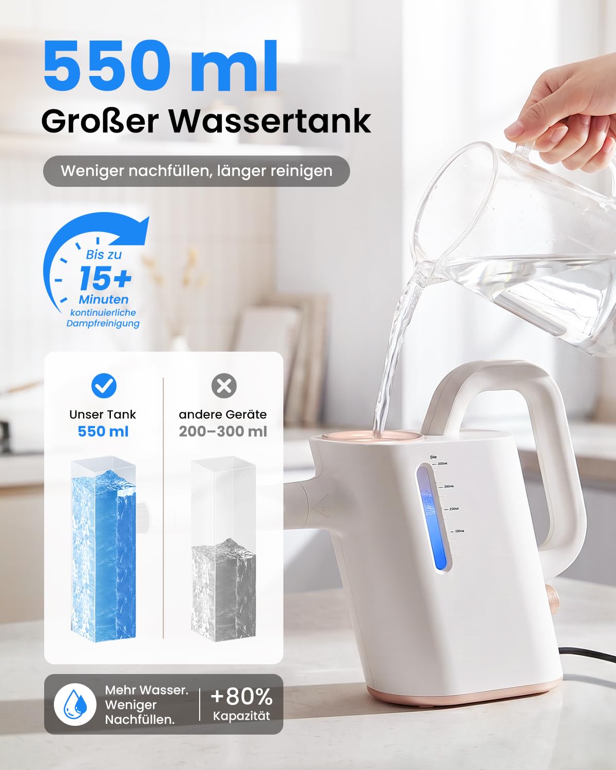 Dampfreiniger Handgerät, 15 Sek. Aufheizzeit, 550 ml Wassertank | 16 Zubehörteile, regulierbarer Dampf, 1,5 m Schlauch und 3 m Kabel für Bad, Küche, Fugen, Fensterrahmen und Polster