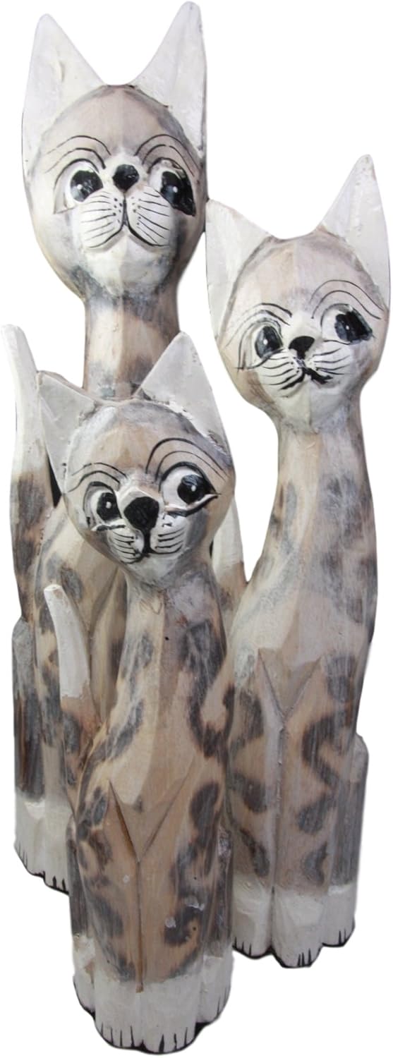 Balikraft Hand Made Wood Artisans "Kucing Bayang" Large Tan Feline Cats Family Set of 3 Decorative Figurines 20"H