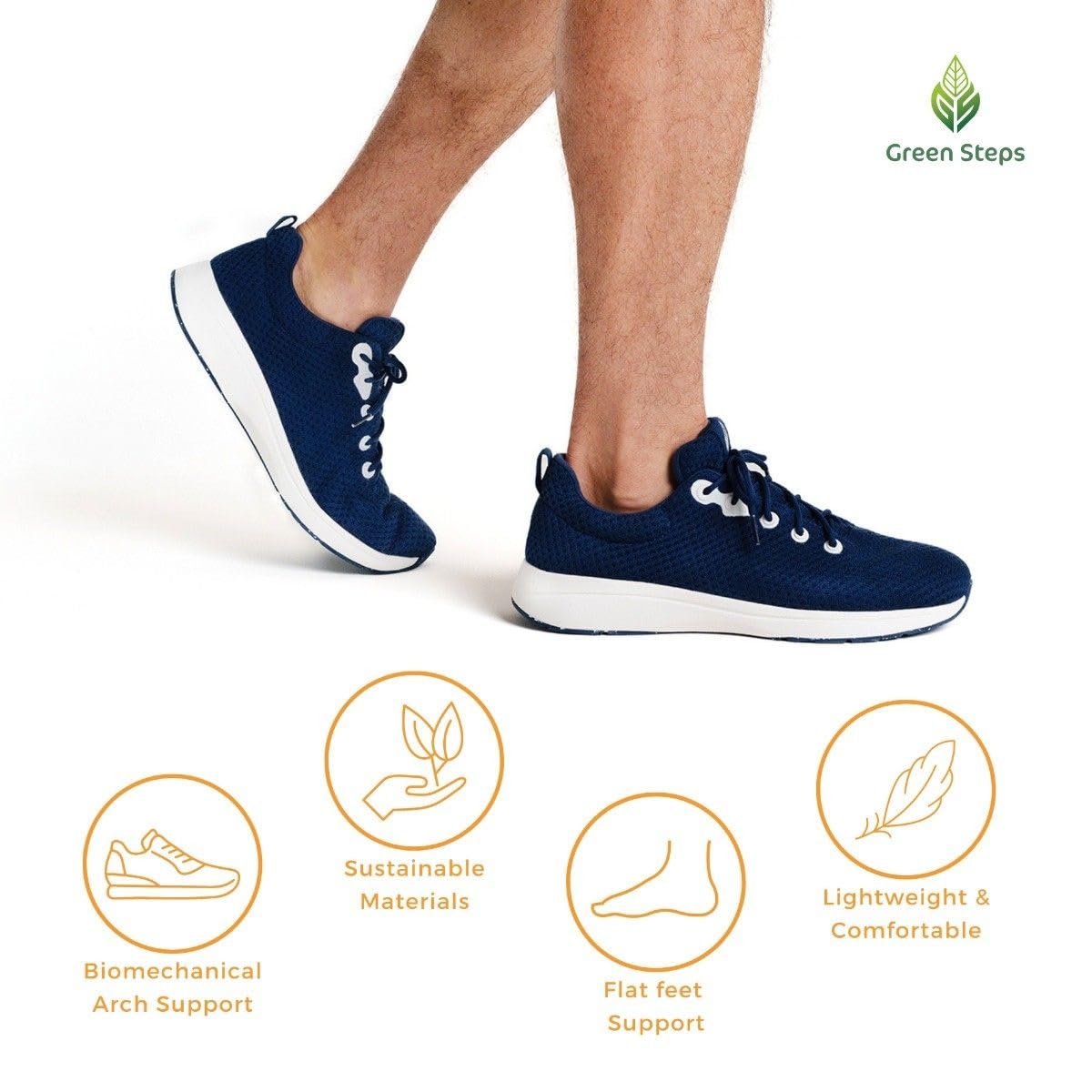 Green Steps Navy Arch Support buty sportowe na co dzień wykonane z trwałych materiałów. Wygodne i wspierające, aby pomóc złagodzić ból stóp. UK 5/EU 38