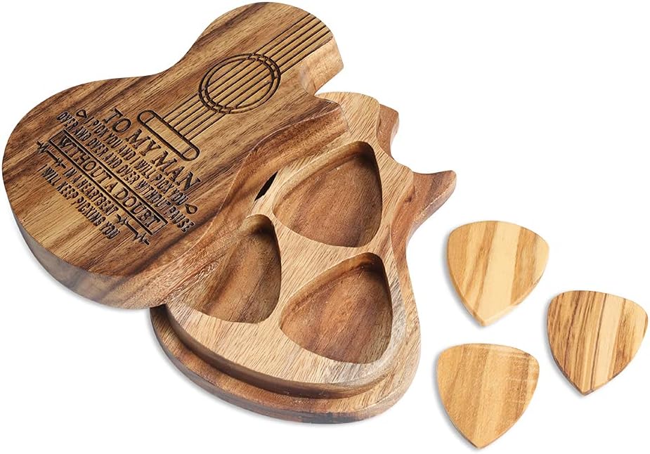Custom Guitar Pick Holder with 3 Pcs Wooden Guitar Picks, Custom Any Message Wooden Guitar Picks, Personalized Guitar Wooden Pick Music Gift for Son Dad Husband Boyfriend (Spotify guitar picks)