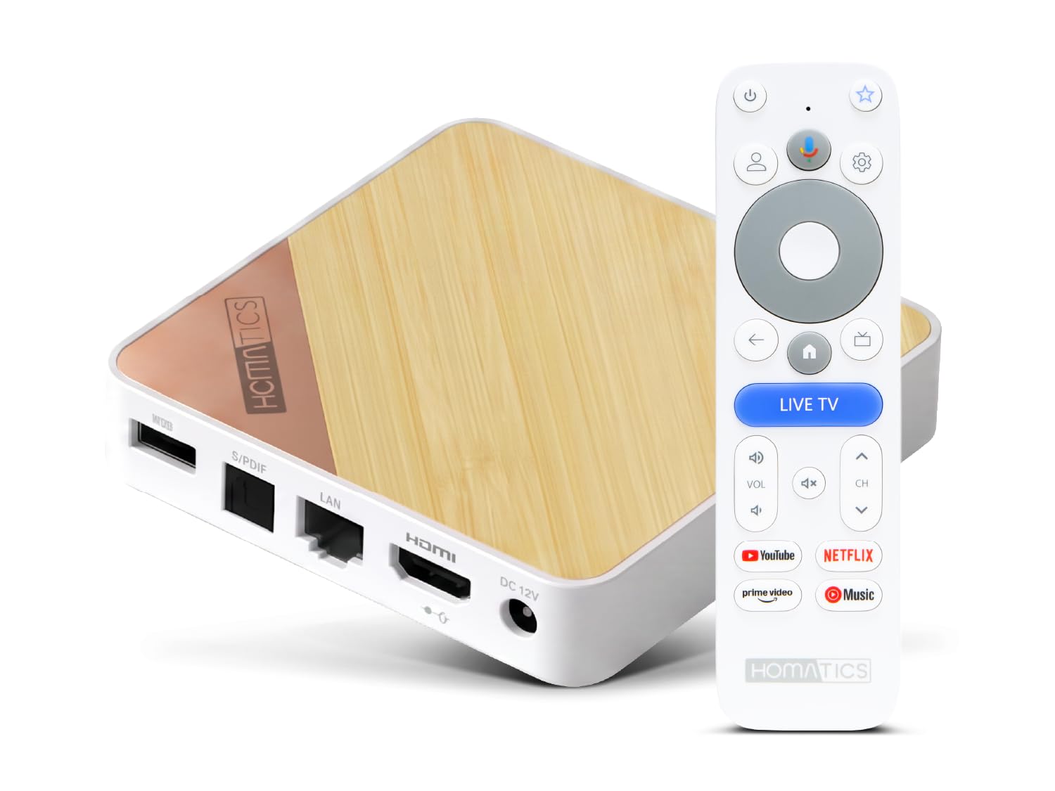 Homatics Box 4K V2 Google TV Mediaplayer 4K UHD, HDR, Wi-Fi 6 Dual Band 2.4G/5 GHz, Bluetooth 5,2, 32GB Flash, Quad Core 30000 DMIPS, Netflix, Prime Video, YouTube, Google Play, Dolby Atmos
