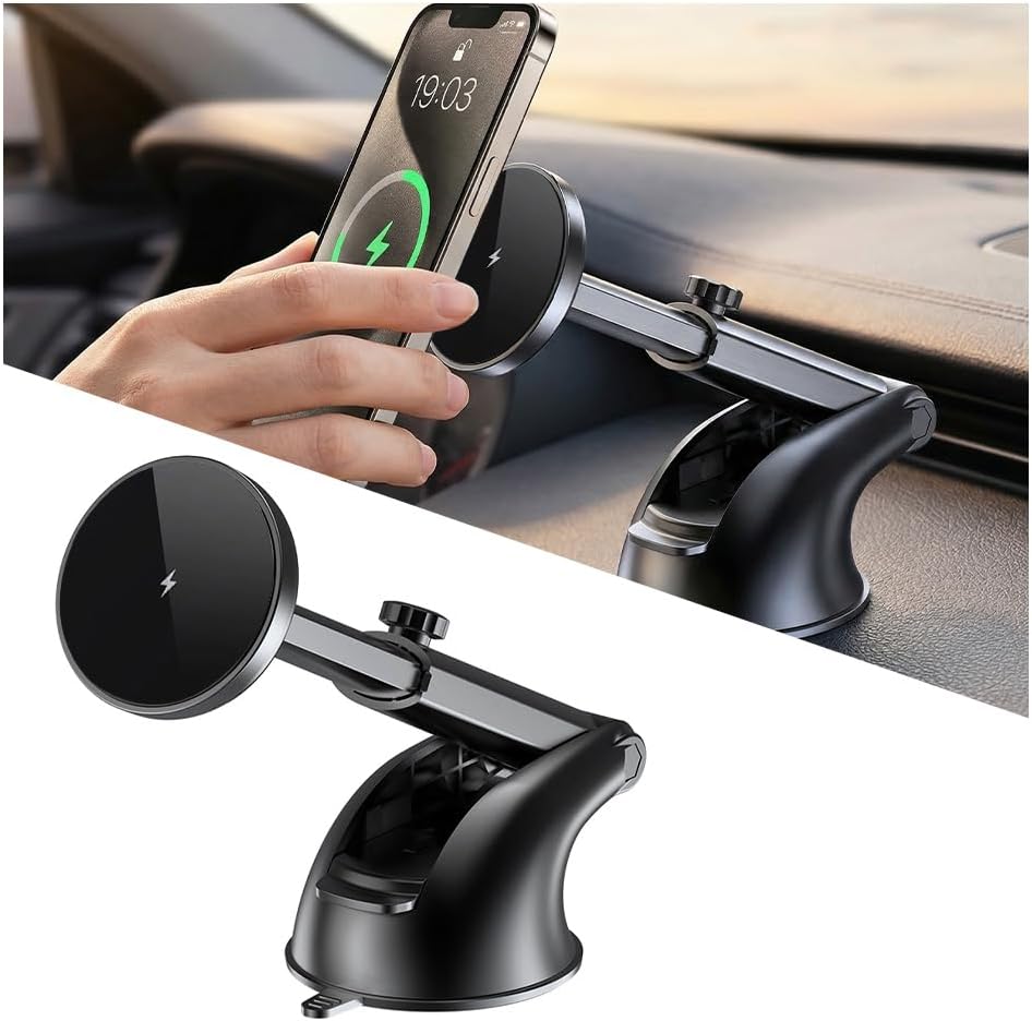 15W Car Mount Charger, Magnetic Wireless Suction Cup Vehicle Dashboard Cell Phone Holder with Air Vent Clip, Automotive Interior Windshield Smartphone Charger Mount, Universal Fit (Style D)