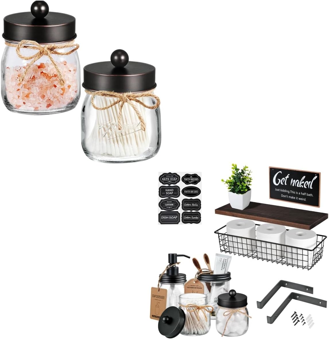 SheeChung 2 Pack Mason Jar Glass Qtip Holders & 8Pcs Bathroom Accessories Set, Mason Jars Floating Shelves Set, Rustic Farmhouse Decor