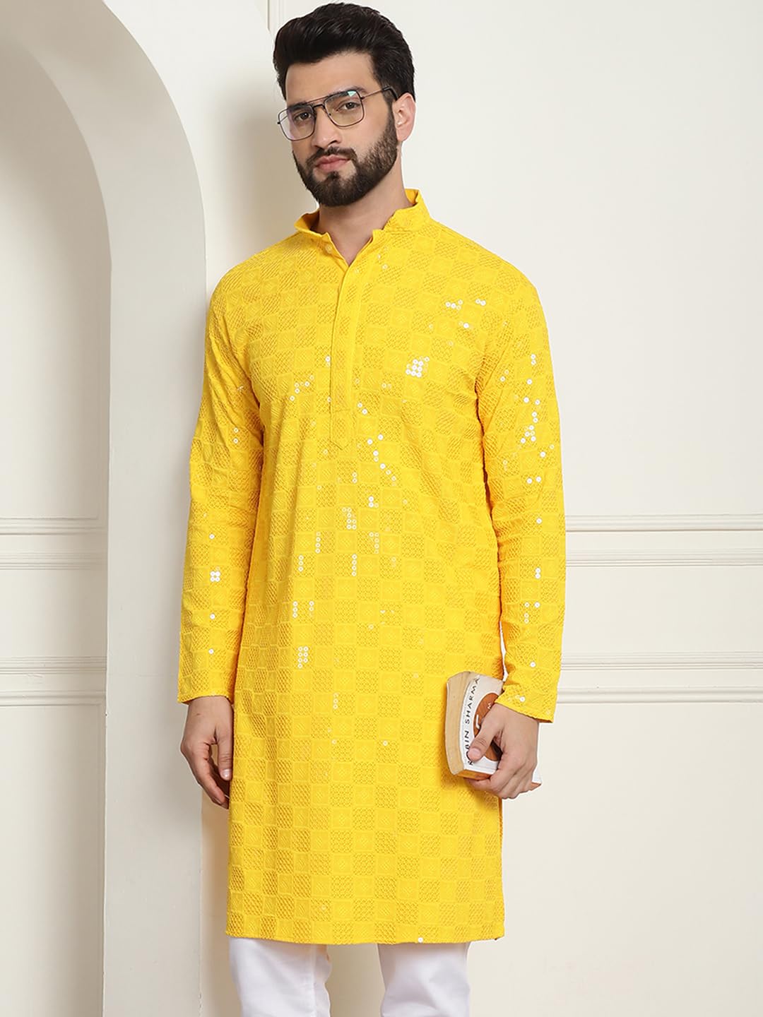 Sojanya (Since 1958 Men's Cotton Embroidered Sequinned Mustard Long Kurta
