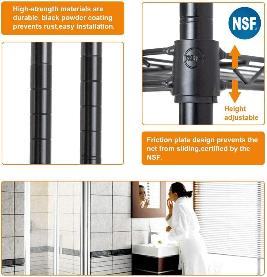 Close-up images showing the durable black powder coating on the poles, the NSF certification logo, and the height adjustment mechanism with plastic sleeves.
