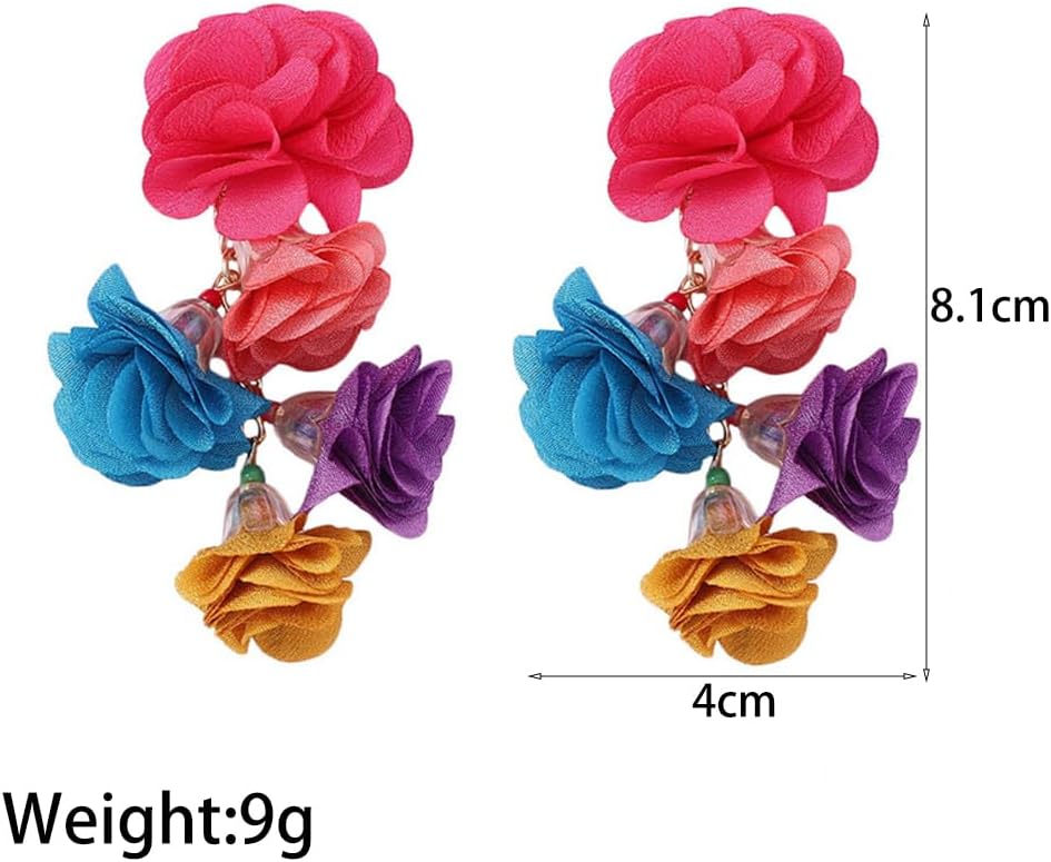 Boho Flower Earrings for Women Colorful Long Floral Drop Dangle Earrings Lightweight Fabric Petal Statement Earrings Trendy Holiday Jewelry Gifts - Image 2