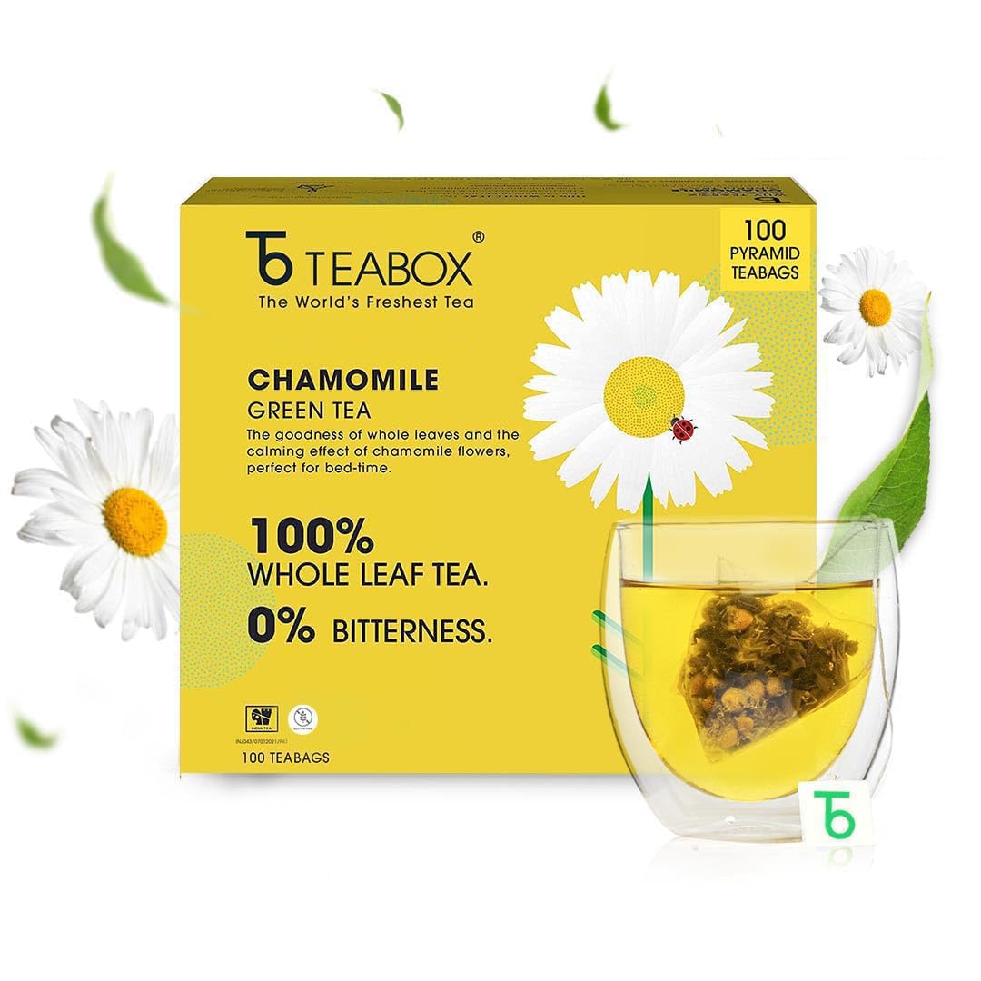 Chamomile Green Tea 100 Tea Bags | With Egyptian Chamomile Flowers & Whole Leaf Green Tea | Calming Blend for Relaxation & Sleep | Low Caffeine, Fresh & Aromatic