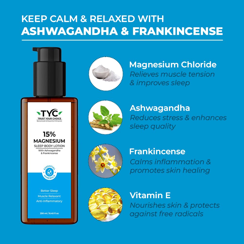 TYC Trust Your Choice Magnesium Sleep Body Lotion, 15% Magnesium Chloride with Ashwagandha and Frankincense Oil, Magnesium Lotion For Sleep For, Magnesium Lotion For Muscle Recovery, Relaxation, No Added Fragrance - 250ml( Pack of 1) 4