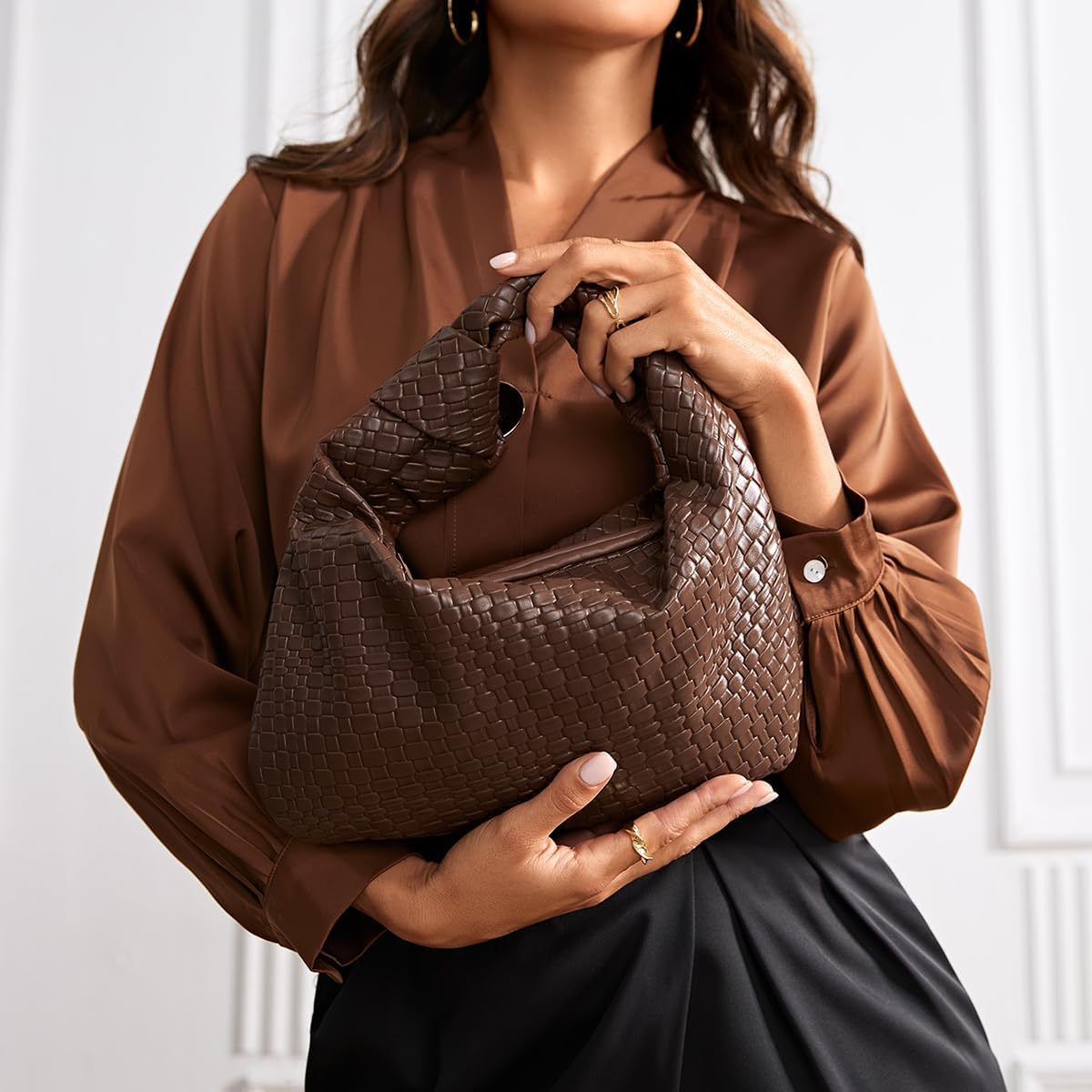 PHILOMENA Woven Hobo Bag for Women Knot Strap Handbags Leather Dumpling Clutch Purses with Zipper - Image 2