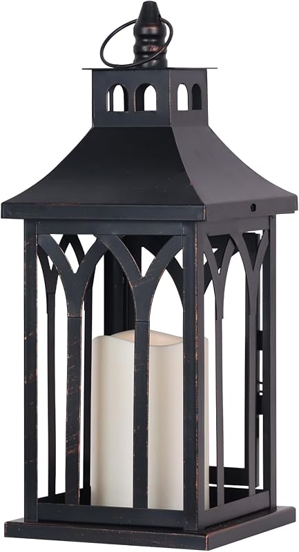 Decorations for Home, Decorative Led Candle Lantern Indoor Outdoor Decor, Metal Hanging Candle Holder with Xmas Teardrop Wreath and LED Candle for Table Centerpieces, Patio (Black)