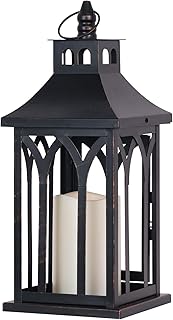 DECORKEY Decorations for Home, Decorative Led Candle Lantern Indoor Outdoor Decor, Metal Hanging Candle Holder with Xmas Teardrop Wreath and LED Candle for Table Centerpieces, Patio (Black)