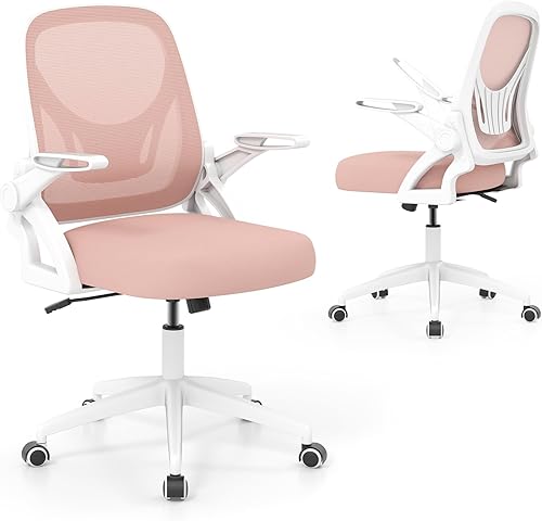 COSTWAY Silla de oficina, cómoda silla giratoria de escritorio con altura ajustable y reposabrazos abatibles, sillas ergonómicas de malla para