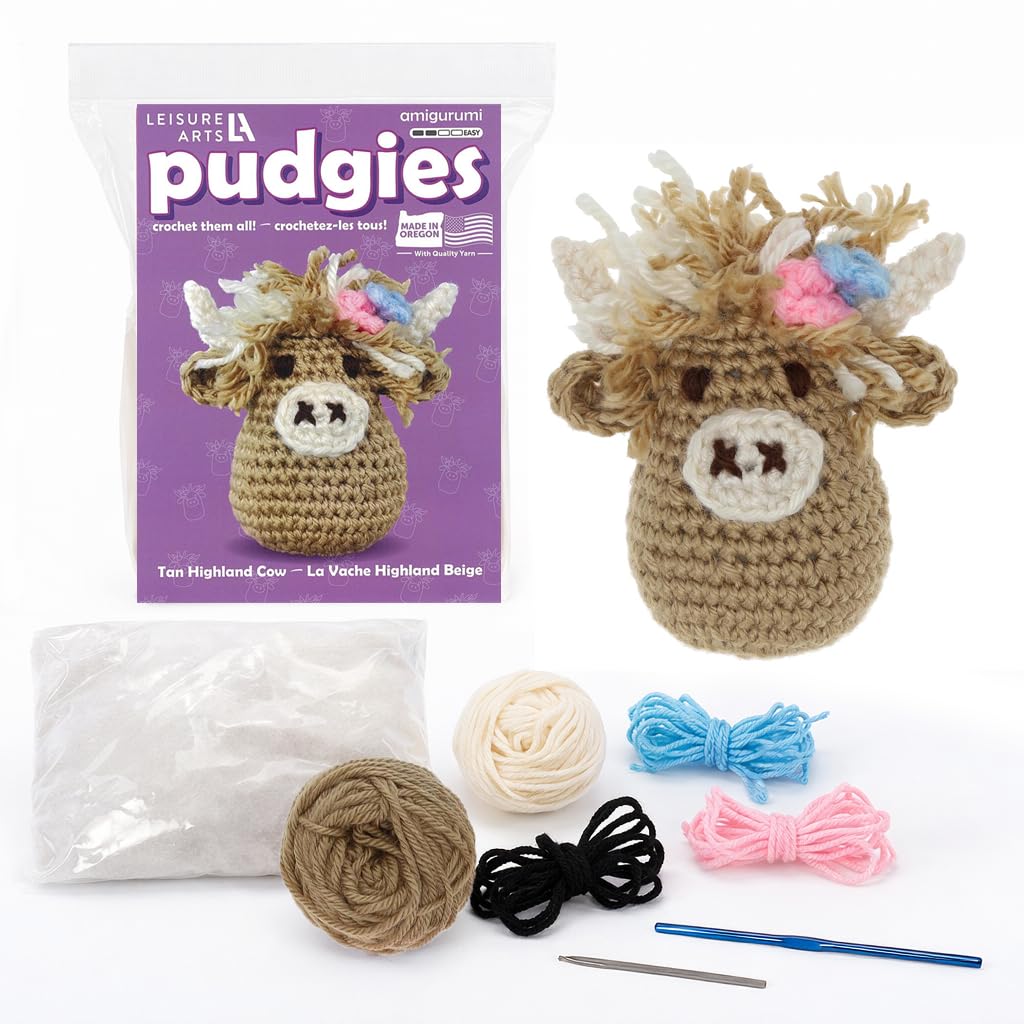 LEISURE ARTS Crochet Kit, Pudgies Highland Cow, Tan, 4", Crochet Kit for Beginners, Complete Kit, Animal Kits, Animal DIY Amigurumi Kits