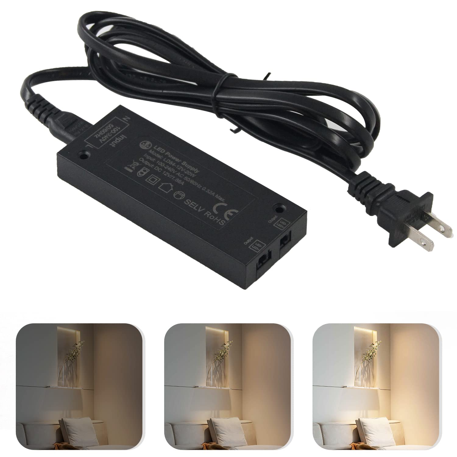 VST 20W LED Power Supply, AC 100-240V to DC 12V Low Voltage Transformer with JST Ports, Black Power Adapter for Cabinet Strip Lights, Dimmer Switch