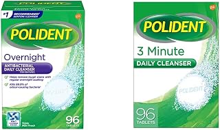 Polident Overnight Daily Denture Cleanser, 4 in 1 Cleaning System, Stain and Plaque Remover, 96 Tablets (packaging may vary) & 3 Minute Daily Denture Cleaner Triple Mint Fresh 96 Tabs