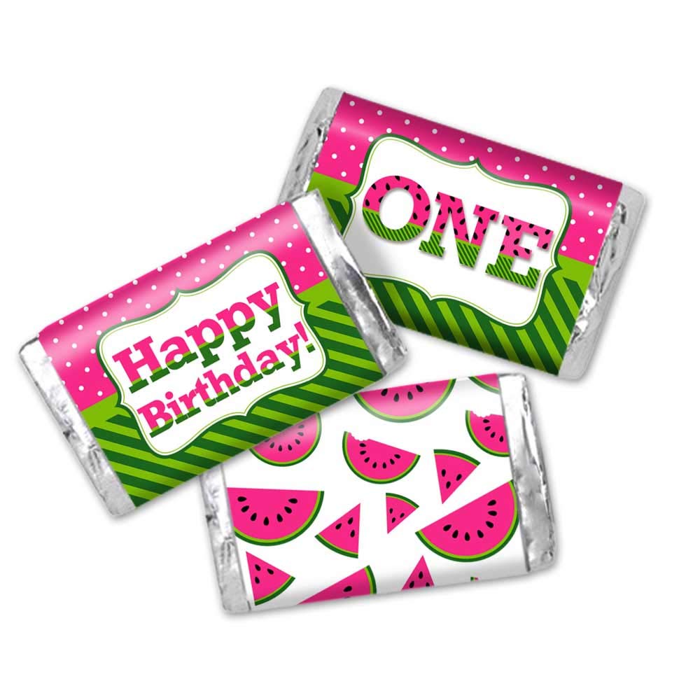 Pink Watermelon 1st Birthday Party Mini Chocolate Candy Bar Sticker Wrappers for Kids, 45 1.4" x 2.6" Wrap Around Labels by AmandaCreation, Great for