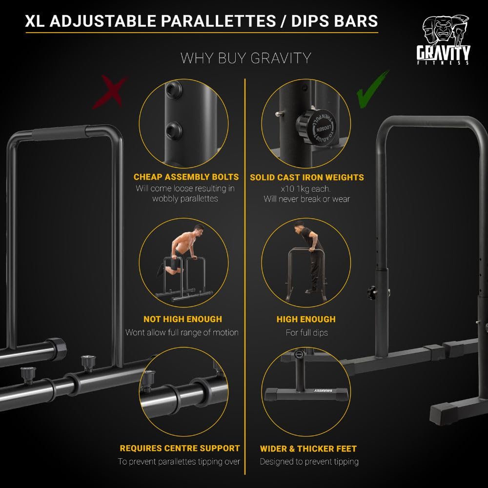 GRAVITY FITNESS Parallele Calisthenics Regolabili – Barre DIP Antiribaltamento per CrossFit, Allenamento Forza, Ginnastica – Impugnatura 38mm Regolabile in Altezza e Larghezza per Home Gym