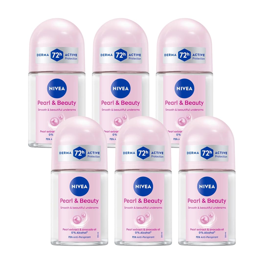 NIVEA Pearl & Beauty Roll On Deodorant 25ml | Long Lasting 72 Hour Odor & Sweat Protection with Pearl Extracts | Alcohol Free Formula for Soft Fresh Skin | Travel Size Roll-On | 6-Pack