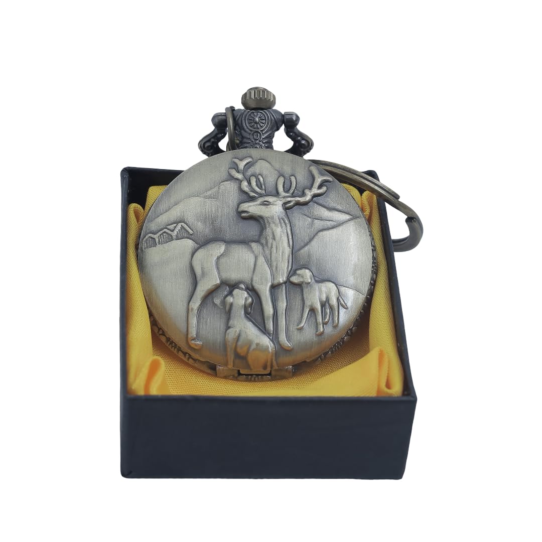Vintage Pocket Watch with Chain | Quartz Movement | Antique Brass Finish with Deer Design Lid | 7×6 cm | Decorative Timepiece Gift for Men & Women | with Presentation Box