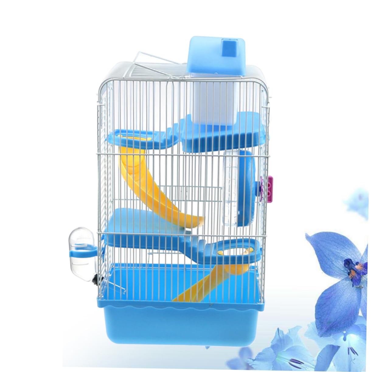 Gabbia per Criceto a Tre Livelli Ruota e Beverino Antiperdita | Blu, Pp e Ferro, Design a Scorrimento Multilivello, Struttura Resistente per Uso in Casa