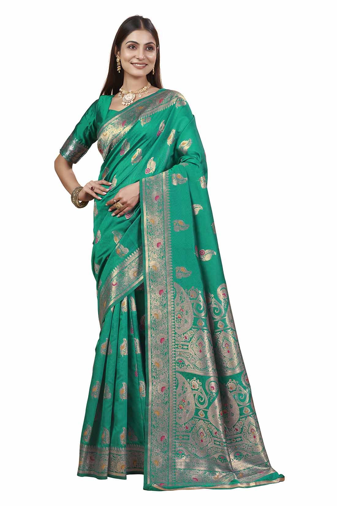 Sugathari Women's Green Kanjivaram Banarasi Silk Saree For Patola Festival Wedding Silk With Rich Pallu Design Sarees For Women With Blouse Piece (San Jm 4 Green)