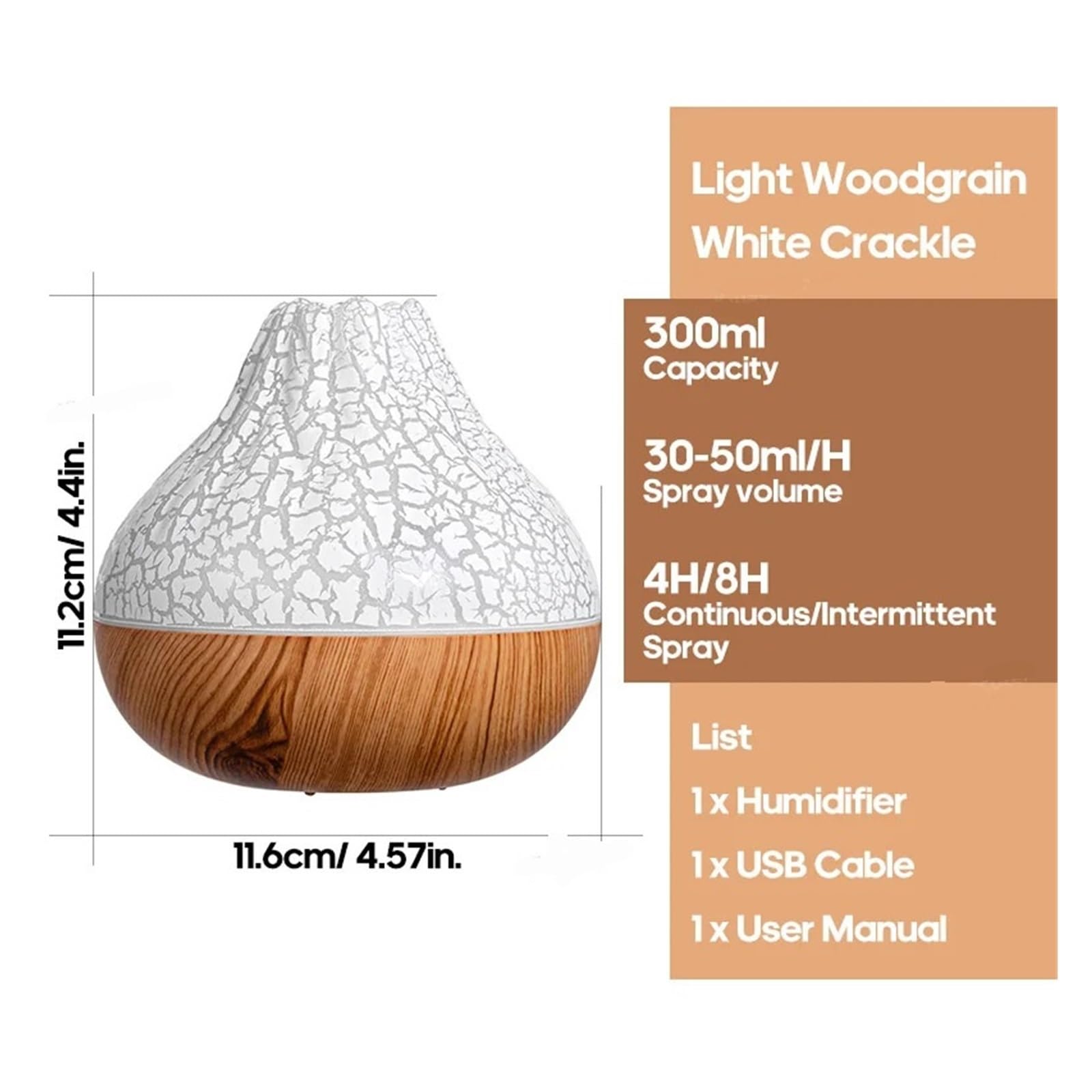 Nawilżacz powietrza do sypialni, 300 Ml Volcano Nawilżacz Powietrza Biurkowy Elektryczny USB Dyfuzor Mgiełki Wodnej Oczyszczacz Odświeżacz Powietrza Z 7 Kolorami Nocnymi,do domu i roślin(Black Crackl