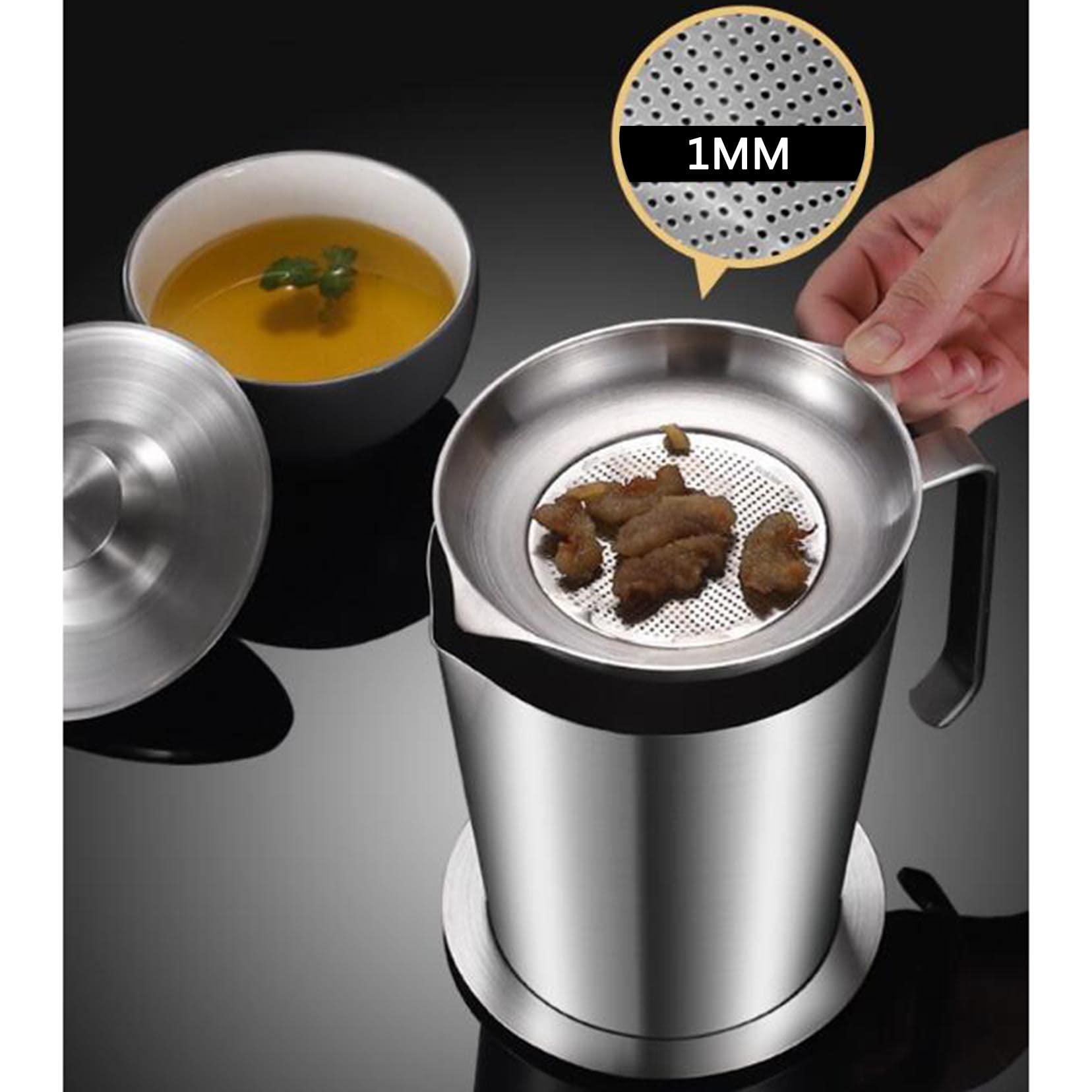 Sitko do żywności z sitkiem, 1,3 l / 1,8 l sitko do oleju ze stali nierdzewnej puszka na tłuszcz ze stali nierdzewnej z pyłoszczelną pokrywką, uchwyt łatwy do trzymania i taca na tłuszcz z