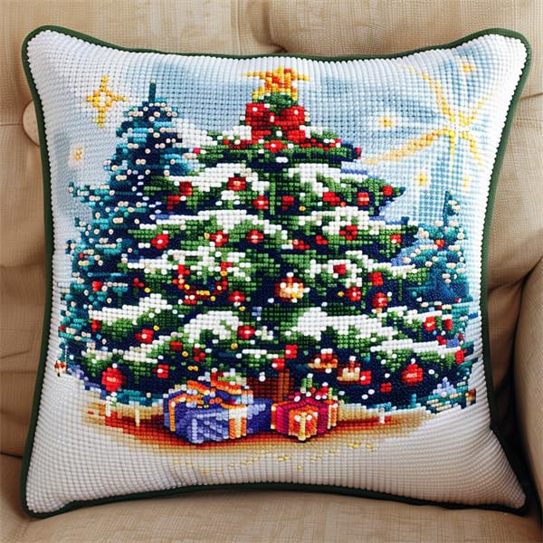 Lfynior Cross Stitch Cushion Cover Christmas Tree Tapestry Embroidery Cushion Kit 45x45cm Pre-printed Canvas Embroidery Thread, Zipper, Adults, Unisex, Traditional, Life-size, Non-foldable