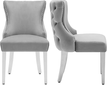 Velvet Dining Chairs Set of 2, Upholstered Tufted Backrest Dining Room Chairs, Luxurious Dining Chairs with Stainless Steel Legs, Grey