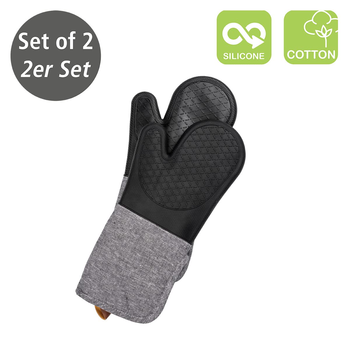 Wenko Guantes para horno Ada, set de 2 guantes para grill con palmas de silicona, protección fiable gracias a su manga extra larga, fácil de limpiar, 18 x 38 x 2 cm, negro/gris, 55041100