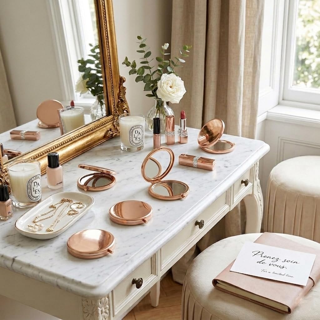 Magnifying Compact Double-Sided 1X/2X Round Pocket Handheld Travel Makeup Portable Pocket Mirror (5, Rose Gold)