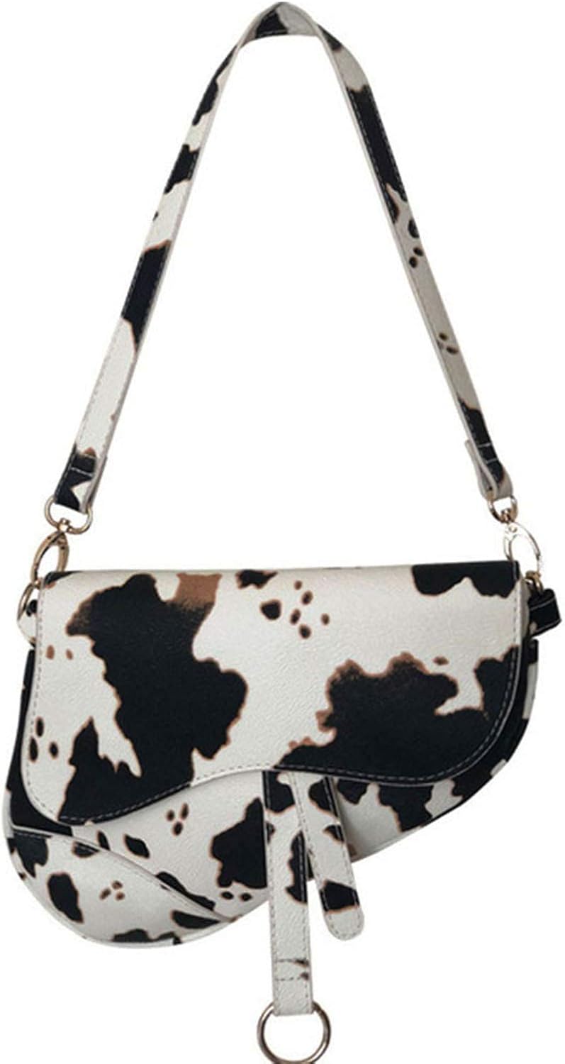 Women Cow Print Saddle Shoulder Bag Clutch Purse Underarm Handbag Satchel Zipper Crossbody Bag