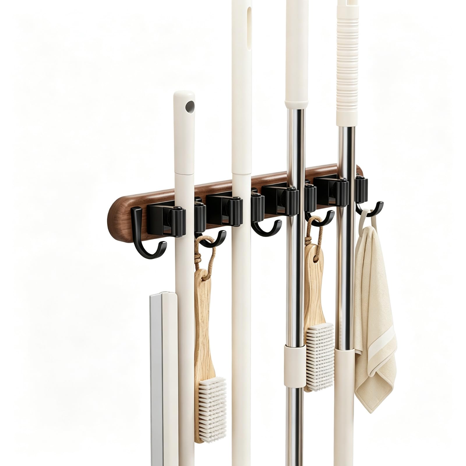 Supporto da parete per scopa e mocio, con ganci, in legno di noce. (5hook)