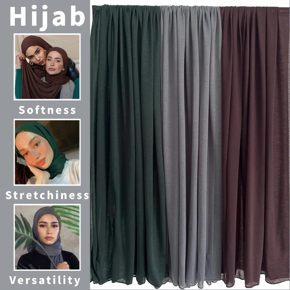 Harewom Muslim Hijab for Women Scarf Large Headscarves Soft Head Wraps Long Turban Headwraps Tie Stretch Hair Wraps Headbands 3 Pack - Image 2