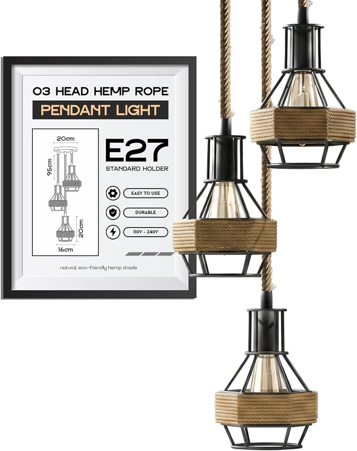 Dc Voltage Style 1 3 Head Rope Pendant Ceiling Light Industrial Metal 16 Cm Cage Shade With E27 Holders, 95 Cm Adjustable Cable Rustic Hanging Light Fixture