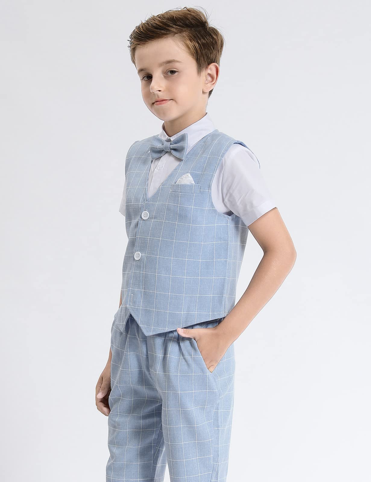 mintgreen 3PCS Ragazzo Gentiluomo Vestito Gilet + Camicia + Pantaloni + Papillon + Quadri Taschino 4-11 Anni