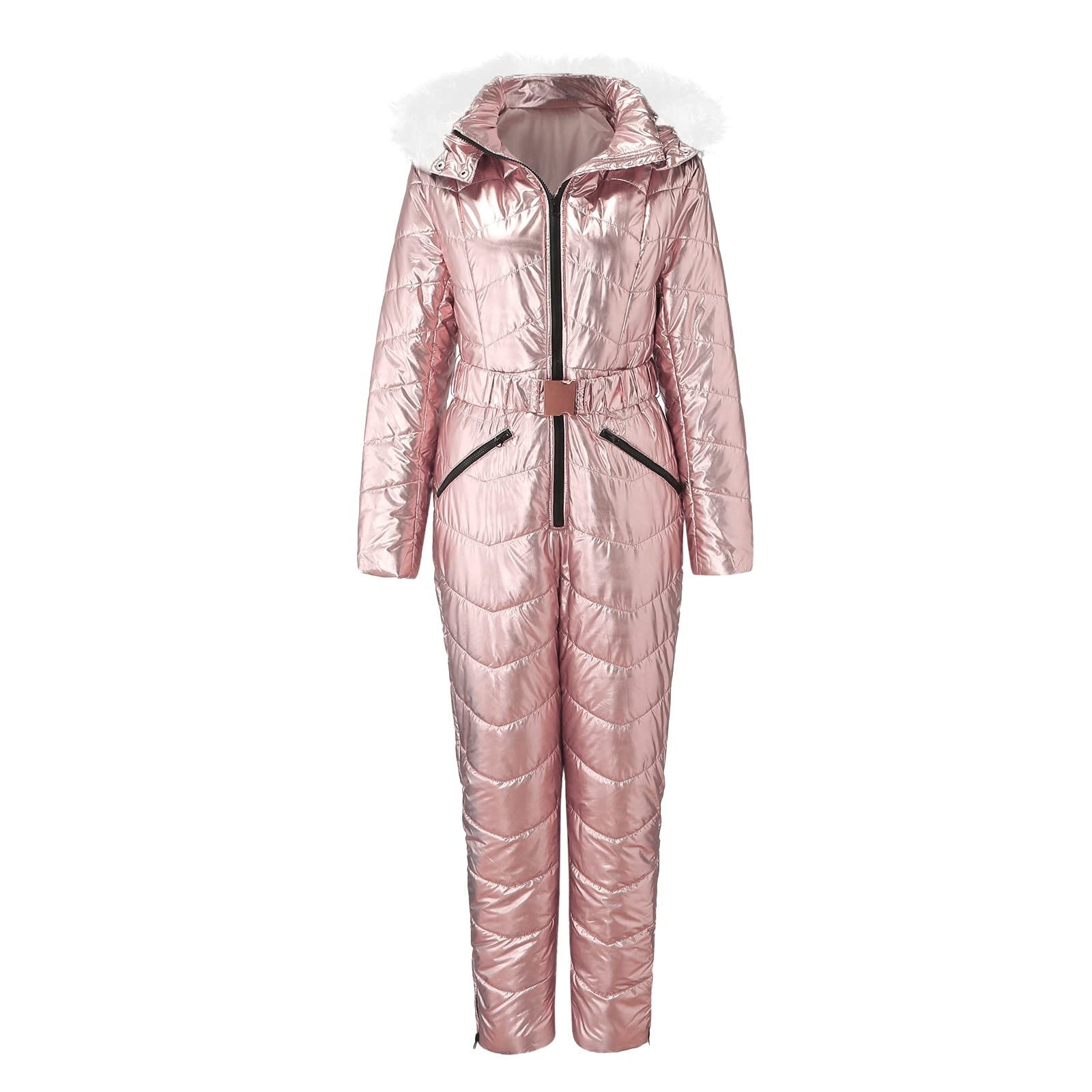 Skianzug Damen Winter Einteiler - Schneeanzug Mit Kapuzen Pelzkragen Mantel Ski-Overall Frauen Slim Fit Jumpsuit Wasserdicht Snowboard Overalls Winter Outdoor Onesie Kuschelig Pelzkragen