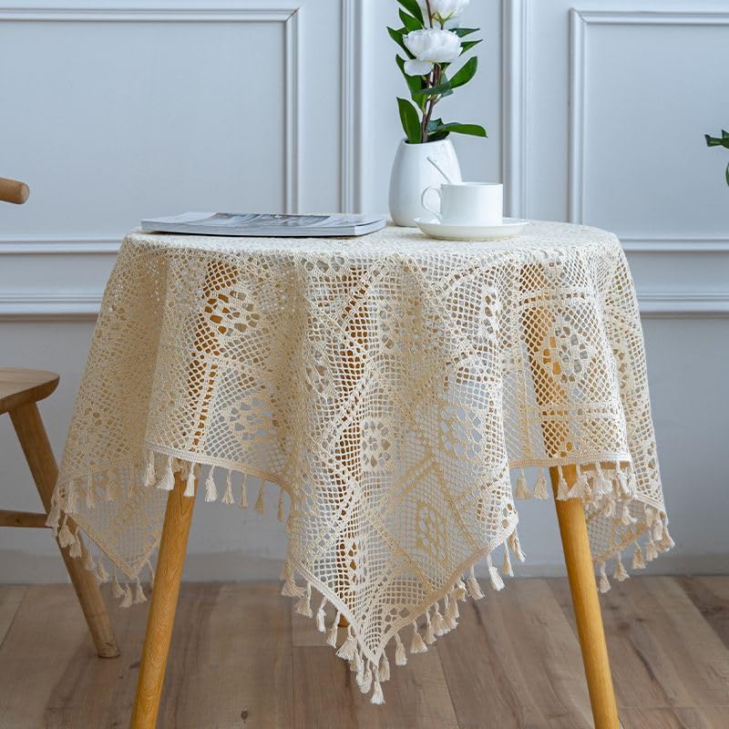 Ręcznie robiony kwadratowy obrus szydełkowany 200 x 140 cm z frędzlami, 100% bawełniana koronka pokrowiec na okrągłe stoliki kawowe, elegancki wystrój domu i stylowy ochraniacz na stół