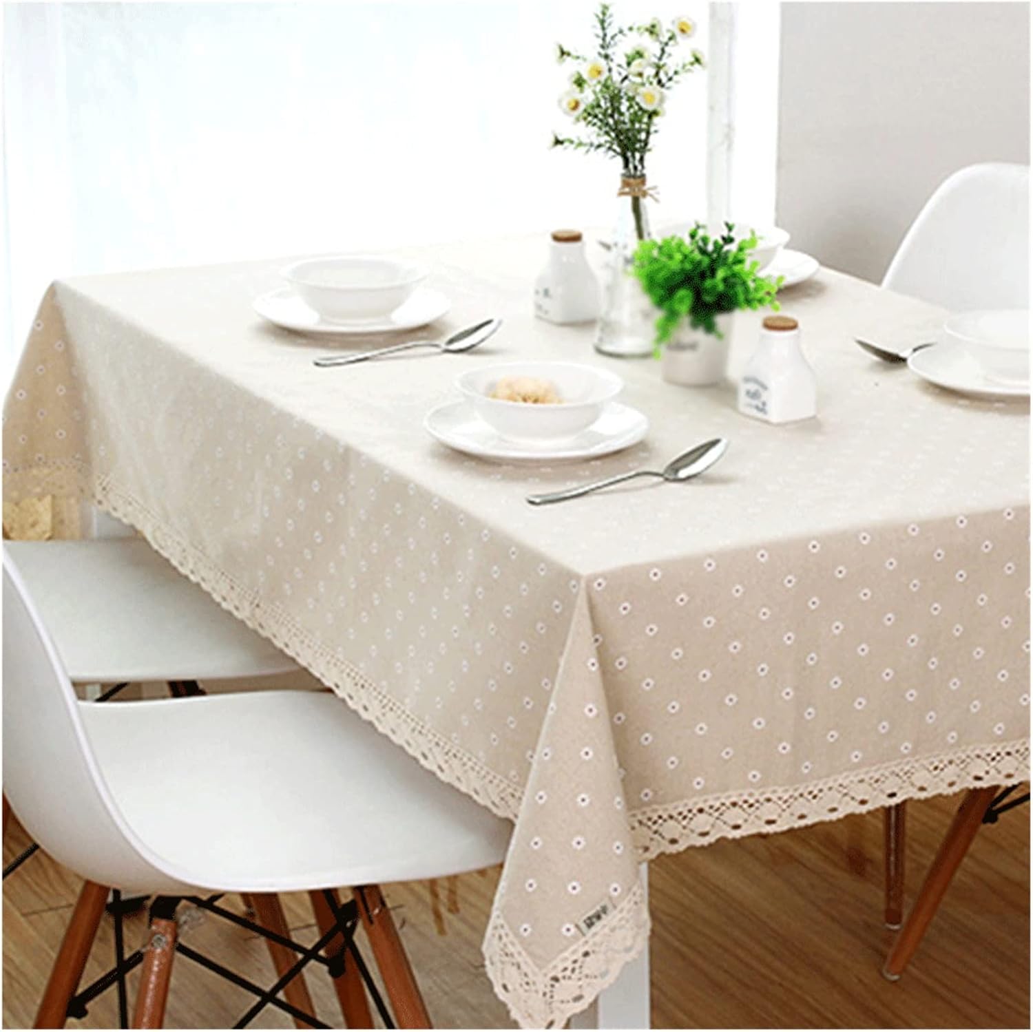 Daisy Flower Pattern Linen Tablecloth Lace Lace Rectangular Tablecloth Home Wedding Party Decoration(90x90cm)