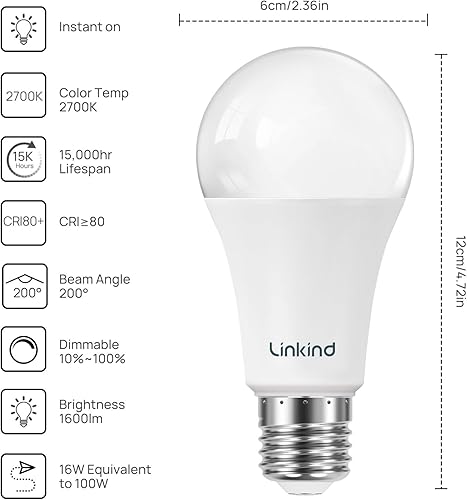 Miniatura 2 de Linkind - Bombillas LED A19 atenuables, equivalente a 100 W, luz blanca suave de 2,700 K, 15.5 W, 1,600 lúmenes, 120 V, base estándar E26,