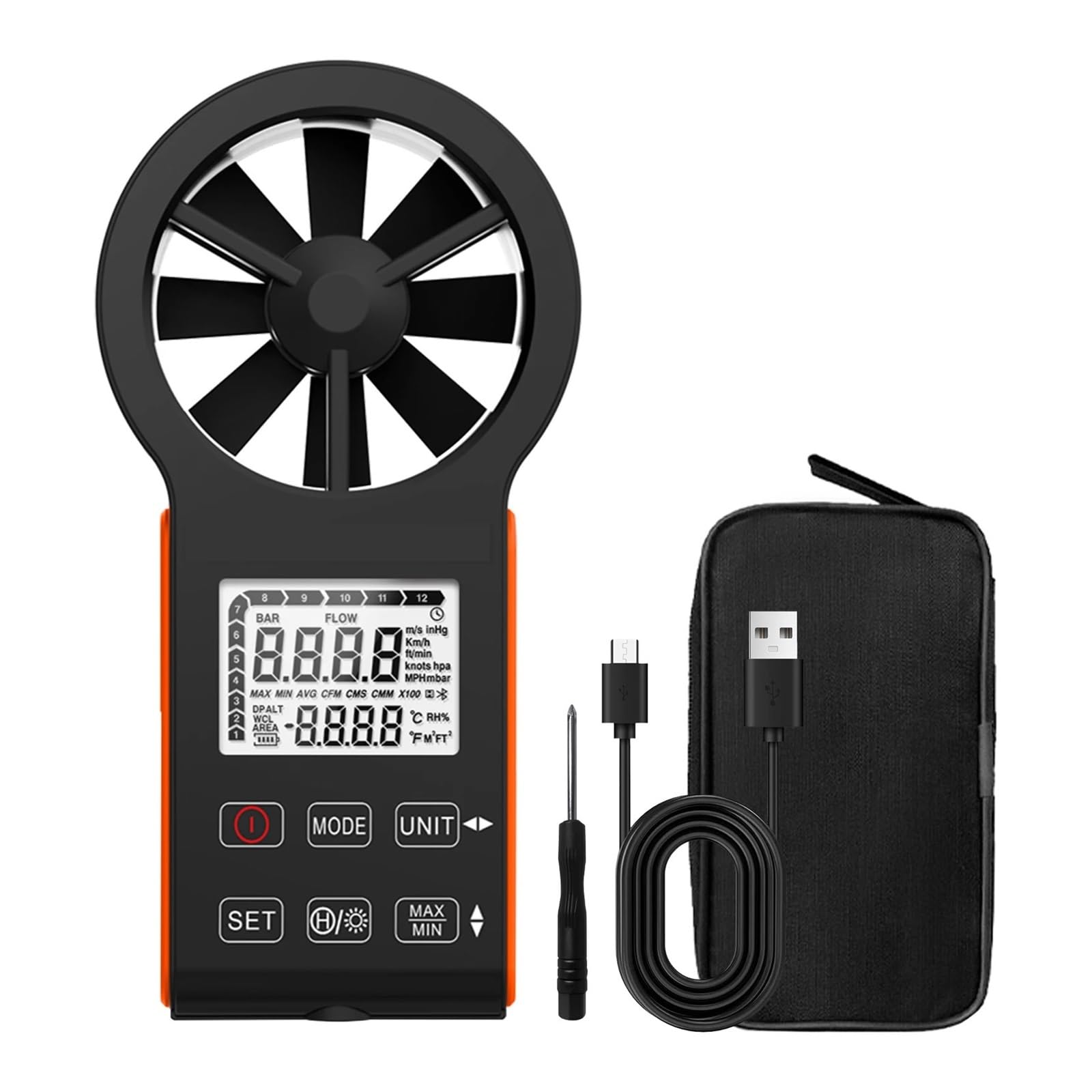 Anemometro, Anemometro digitale, anemometro impermeabile ricaricabile CFM misura la velocità del vento (0,3~30 m/s), volume d'aria(Oranje)