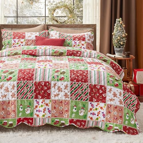 Bedsure Christmas Quilt King Size - Red Quilts for King Size Bed, Multicolor Patchwork Printed Pattern Christmas Bedding, Soft Lightweight Coverlet Bedspread (106"x96")
