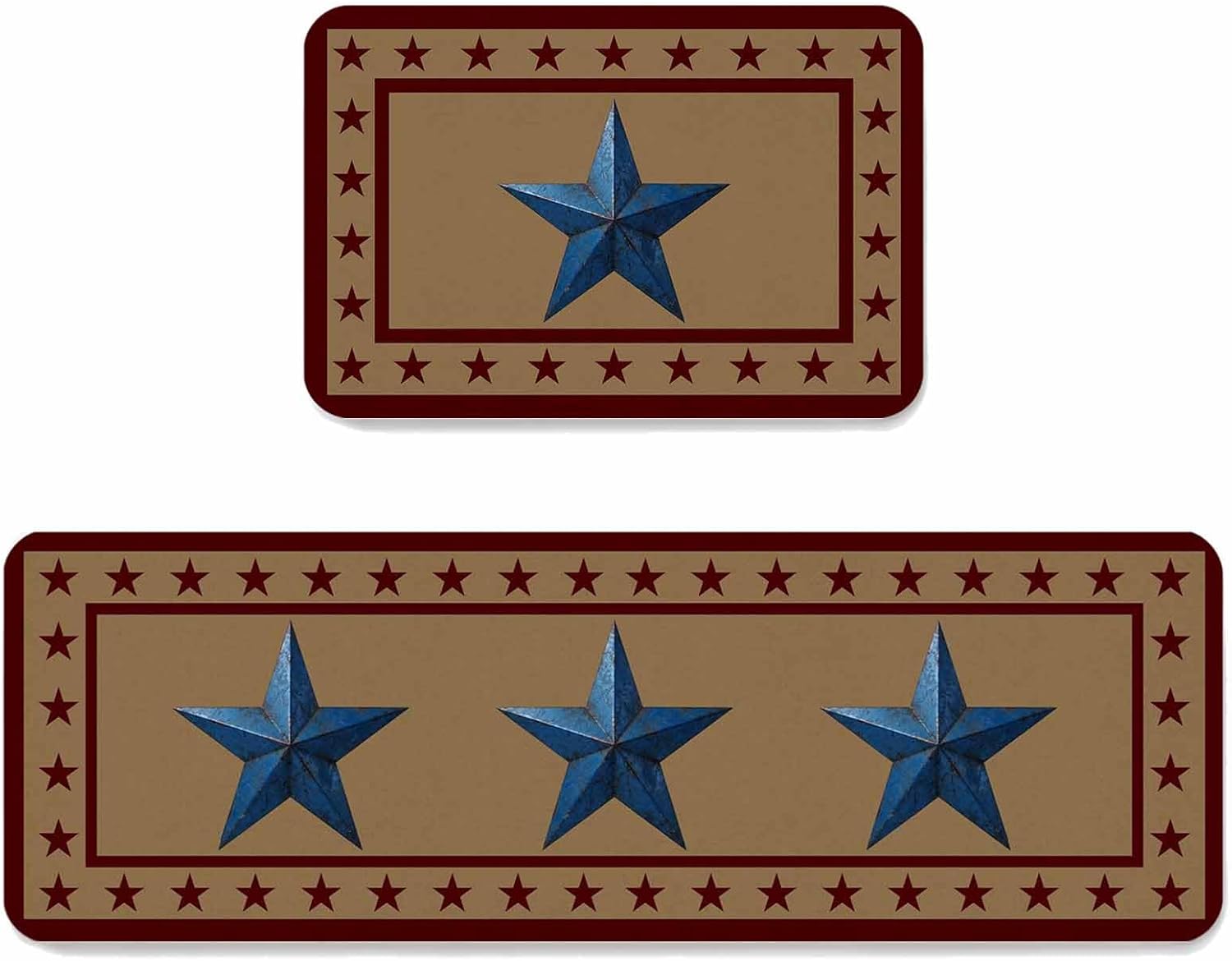 Prime Leader Flag Day Kitchen Mat Set 2 Pieces Retro Blue Star Red Brown Stars Border Non Slip Kitchen Rugs Washable Runner Rug Mats for Sink Laundry (23.6" x 35.4"+23.6" x 70.9")