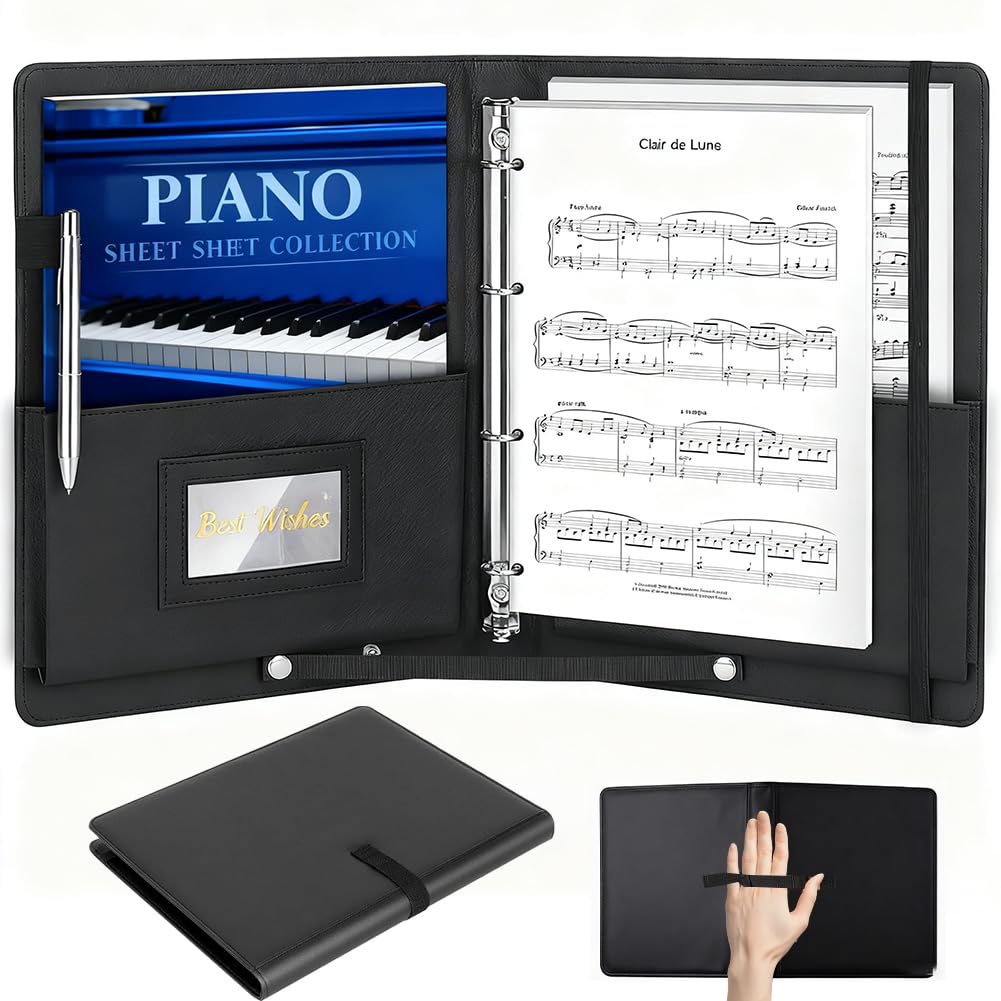 Carpeta Coral de Piel Sintética A4, Lujosa Carpeta de Partituras con Correa de Mano, Bolsillo Interior y Esquinas Protectoras, Negro
