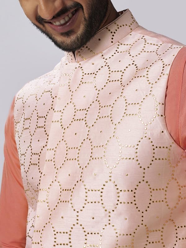 Image of KISAH Men Printed Kurta Jacket Set, Full Sleaves, Knee Length, Straight, Regular Fit, Mandarin Collar Ethnic Wear